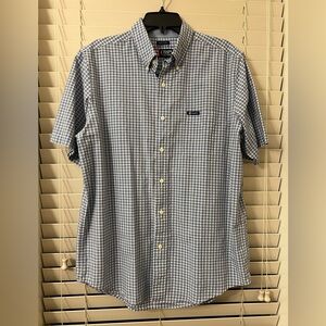Chaps Men’s Large Button Front Short Sleeve Easy Care Blue Plaid Pocket Shirt